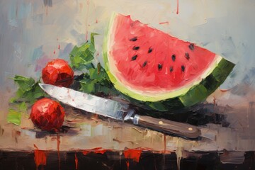 Wall Mural - palette knife textured painting watermelon illustration Sliced watermelon Close-up of fresh slices of red watermelon