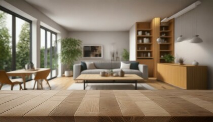 Sticker - modern living room with table room with a table wood table with blurred modern apartment interior background modern living room with empty wooden tabletop with blurred living room ai generated