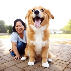 Wall Mural - A woman and a dog are sitting on the ground. Generative AI.