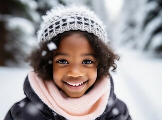 Poster - Young girl, African child playful on the snow, winter snowfall, holiday season, smiling face expression closeup. Outdoors, pines covered by snow in December