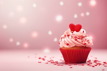 Wall Mural - cupcake with a heart-shaped decoration. Web banner with copy space, Generative Ai 