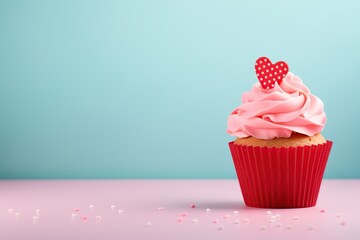 Wall Mural - cupcake with a heart-shaped decoration. Web banner with copy space, Generative Ai 