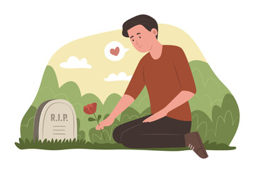 Wall Mural - Mourning Man Sitting in Front of a Grave in a Cemetery