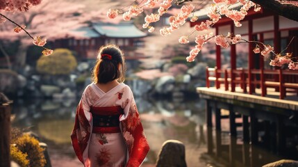 Sticker - Asian woman in kimono in scenic cherry blossom garden, sakura in Japan