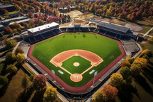 Aerial View Of A University Baseball Field, Drone View Of Baseball Pitch, Grass, Greenery, Nature And Trees All Around, A Few Buildings, Top Down View, Sport, Competition, Match, Stadium