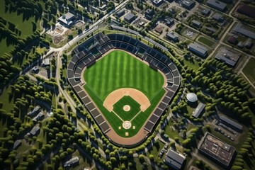 Wall Mural - Drone view of a baseball pitch, aerial view of university baseball field, grass, greenery, nature and trees, a few buildings all around, pitch top down view, sport, competition, match, stadium