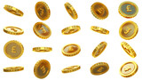 Fototapeta  - 3D rendering of set of abstract golden British Pound coins concept in different angles. Pound sign on golden coin isolated on transparent background