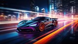 Fototapeta Do przedpokoju - Speeding Sports Car On Neon Highway of the city. Powerful acceleration of a supercar on a night track with colorful lights and trails
