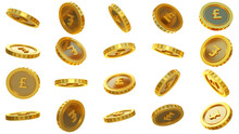3D Rendering Of Set Of Abstract Golden British Pound Coins Concept In Different Angles. Pound Sign On Golden Coin Isolated On Transparent Background