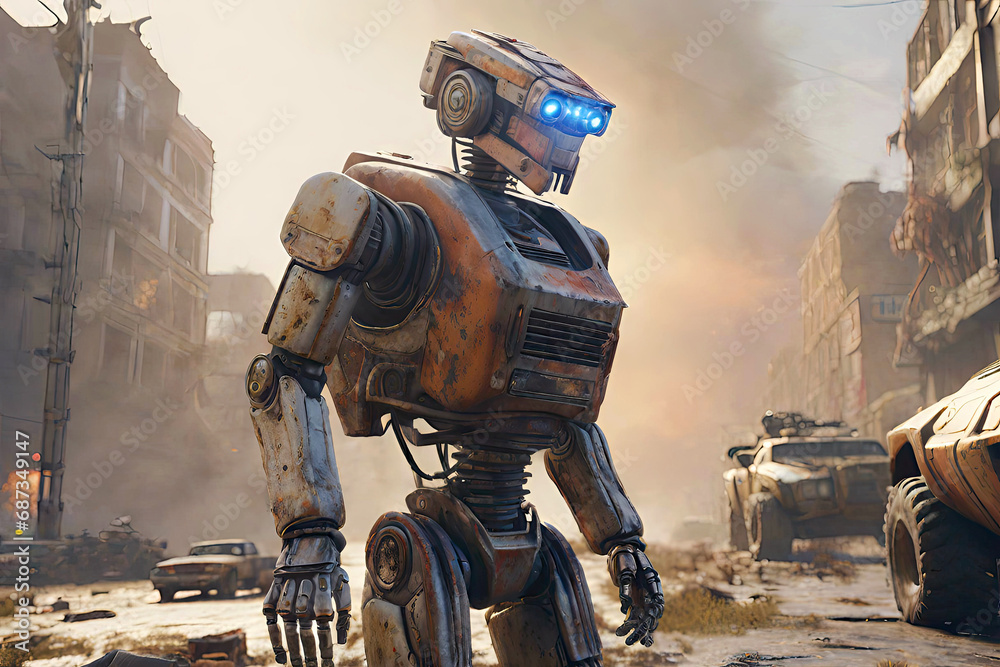 Cinematic scene of a post-apocalyptic Earth invaded by robots. A ...