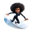 3D cartoon character cute afro woman Surfer Action  Surfing Sport Player, Full body isolated on white and transparent background