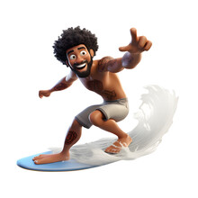 3D Cartoon Character Man Surfer Action  Surfing Sport Player, Full Body Isolated On White And Transparent Background