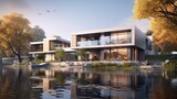 Fototapeta  - 3d rendering of modern house by the river at morning, house, luxury, villa, modern, architecture, building, exterior, residential, property, designer