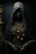 Malignant dark goddess with a black veil, obscured face, and golden pendants with chains around the neck. Sinister and diabolical religion or sect