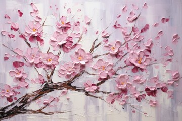 palette knife textured painting sakura Japanese cherry tree Sakura blossom background with a pink blooming sakura tree