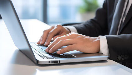 Canvas Print - Close up of businessman hands typing on laptop keyboard. Close up of male hands typing on laptop keyboard. Business concept