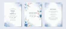 Beautiful Set Of Wedding Invitation Card Template With Blue Floral And Leaves Decoration. Winter Theme