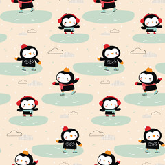 Wall Mural - Cute seamless Cartoon Penguin Patterns. Winter background. Perfect for fabric, textile, Wallpapers. Vector illustration