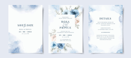 Wall Mural - Beautiful set of wedding invitation card template with blue floral and leaves decoration. Winter theme