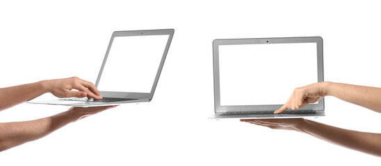 Poster - Collage of female hands with modern laptop on white background