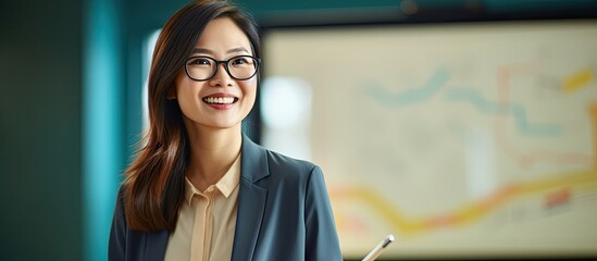 Poster - Asian female teacher with whiteboard, tablet, and glasses smiling and pointing during a lecture or meeting.