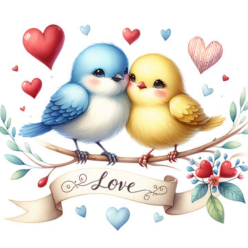 watercolor painting of two love birds perched on a branch, surrounded by hearts and holding a ribbon with 
