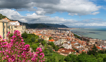 Wall Mural - Aerial view of the Italian city of Salerno. Salerno is a city and port on the Tyrrhenian Sea in southern Italy, the administrative center of the Salerno province of the Campania region.