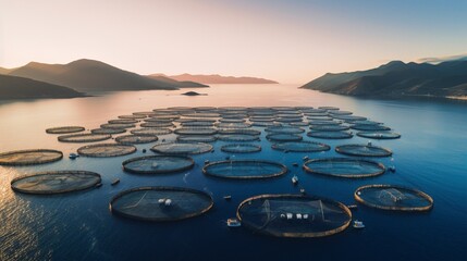 High angle aerial view of a a fish farm off the coast in the blue, mediterranean sea in Greece during sunset time