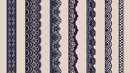 A set of seven dark-colored lace borders with different pattern styles.