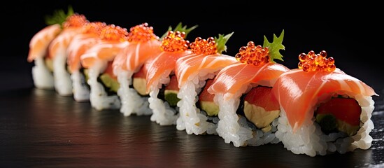 Poster - Japanese sushi roll with fresh salmon, caviar topping, and Sashimi, available for sushi delivery or take away at lunch.