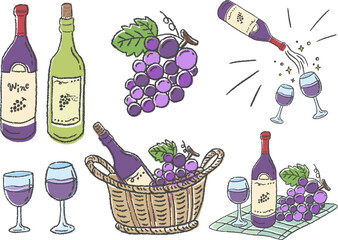 Stylish hand-drawn illustration set of wine bottles in a basket, grapes, toasting, colored pencil texture / かごに入ったワインボトルやぶどう、乾杯している様子、色鉛筆テクスチャの手描きのおしゃれなイラストセット