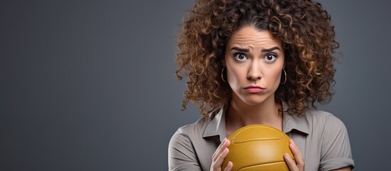 Wall Mural - Upset, skeptical woman with curly hair holding a ball, frowning due to problem.