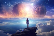 Young Woman Standing On The Edge Of A Cliff And Looking At The Moon, Woman Standing On Top Of A Mountain Looking At A Distant Futuristic Planet In The Sky, Digital Art Style, AI Generated