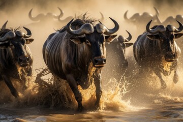 Sticker - Wildebeest Connochaetes taurinus running in water, South Africa, Wildebeests are crossing Mara river. Great Migration. Kenya. Tanzania. Maasai Mara National Park, AI Generated