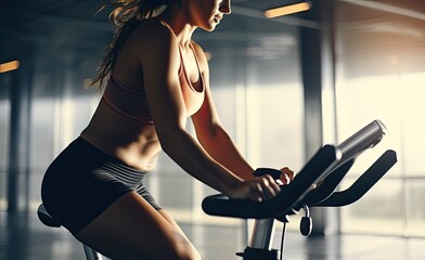 Sticker - Athletic young woman training on exercise bike in gym, Woman on a fitness exercise bike at indoor, top section cropped, AI Generated