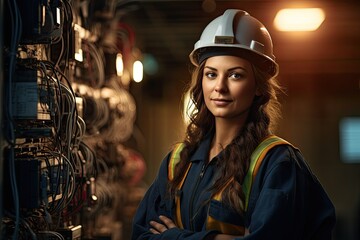 Aufkleber - Portrait of confident female engineer standing with crossed arms in factory, Woman professional engineer, electrical specialist, AI Generated