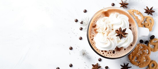 Canvas Print - Top view of hot chocolate with whipped cream and sweet cookies on a light background, perfect for adding text.