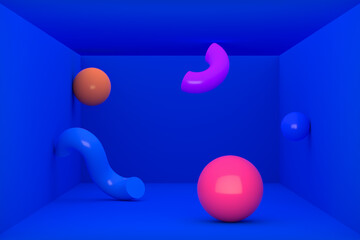 Poster - Abstract colorful geometrical shapes in a blue room. 3D render minimalistic background, modern graphic design.