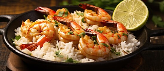 Wall Mural - Jamaican-style shrimp with lemon and rice.