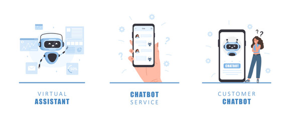 Wall Mural - chatbot concept. woman talking with robot. ai assistant. girl asking questions and receiving answers