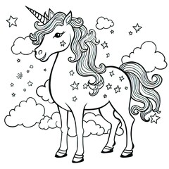 Wall Mural - Pony ,Unicorn and rainbow coloring book page on a white background-generative ai