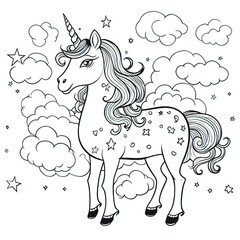 Wall Mural - Pony ,Unicorn and rainbow coloring book page on a white background-generative ai