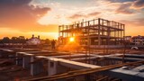 Fototapeta  - Construction site and sunset , structural steel beam build large residential buildings.