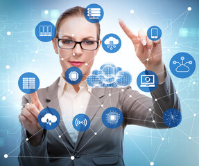 Wall Mural - Cloud computing concept with woman pressing buttons