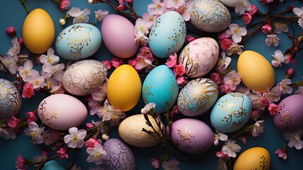 Sticker - Colorful easter eggs on spring background. Generative AI