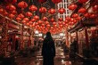 Celebration of chinese New Year: a silhouette of a woman standing view of the long street decorated with red magic lanterns, nagasaki lantern festival