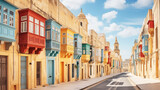 Fototapeta Fototapeta uliczki - Valletta Maltese traditional colorful houses with balconies narrow city streets at sunny day. Travel concept