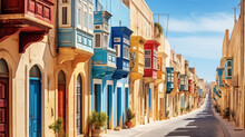 Valletta Maltese Traditional Colorful Houses With Balconies Narrow City Streets At Sunny Day. Travel Concept