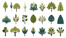 Simple Trees Bushes. Cartoon Forest Plants With Foliage, Minimal Flat Shrub Botanical Garden Nature Elements. Generative AI