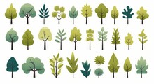 Simple Trees Bushes. Cartoon Forest Plants With Foliage, Minimal Flat Shrub Botanical Garden Nature Elements. Generative AI
